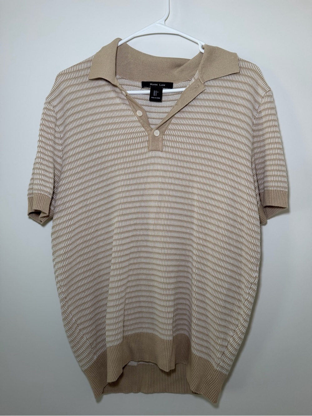 Mark Law Beige & White Micro Stripe Knit Polo Shirt Size Small